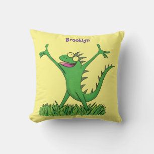 Funny green smiling animated iguana lizard  throw pillow