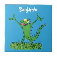 Funny green smiling animated iguana lizard