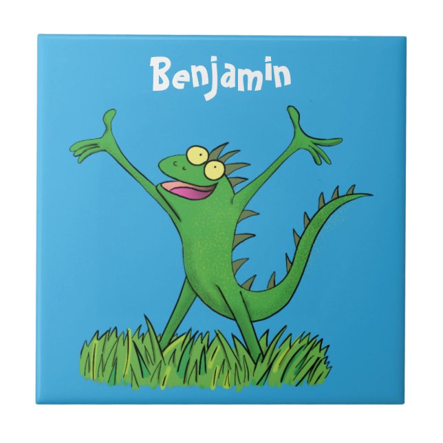 Funny green smiling animated iguana lizard tile (Front)