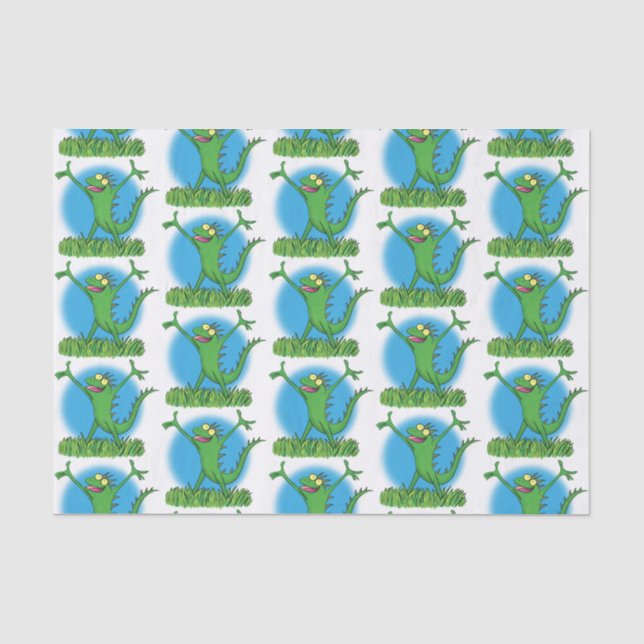 Funny green smiling animated iguana lizard tissue paper (Front)