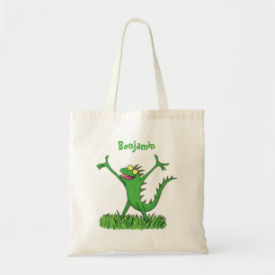 Funny green smiling animated iguana lizard tote bag