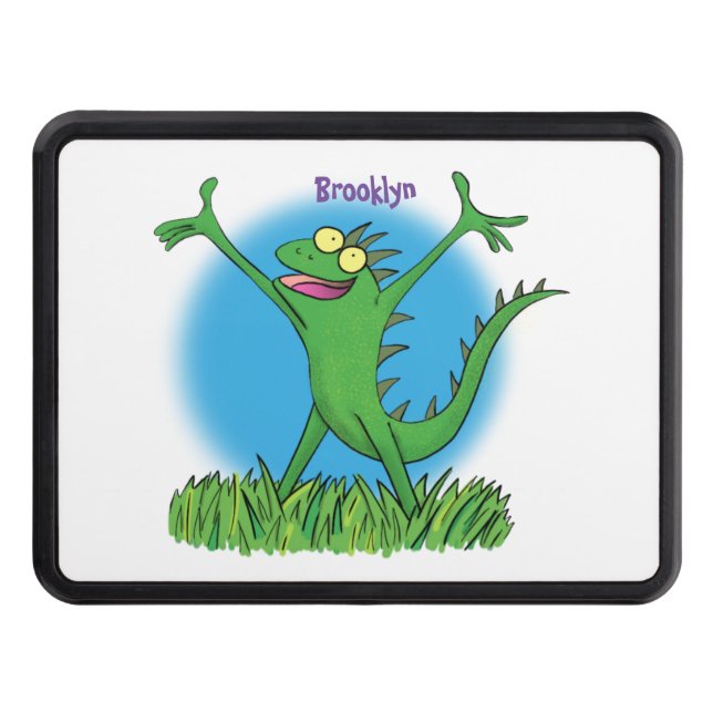 Funny green smiling animated iguana lizard trailer hitch cover (Front)