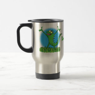 Funny green smiling animated iguana lizard travel mug