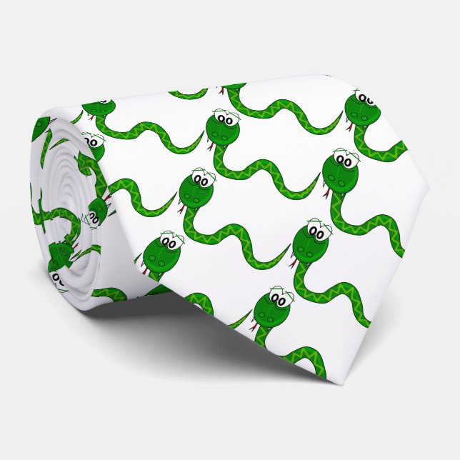 Funny green snake reptile pattern on white tie (Rolled)