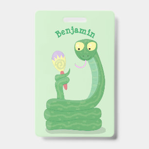 Funny green snake with maraca cartoon badge