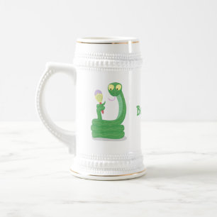 Funny green snake with maraca cartoon beer stein