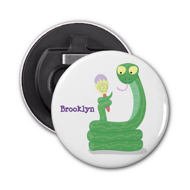 Funny green snake with maraca cartoon bottle opener (Front)