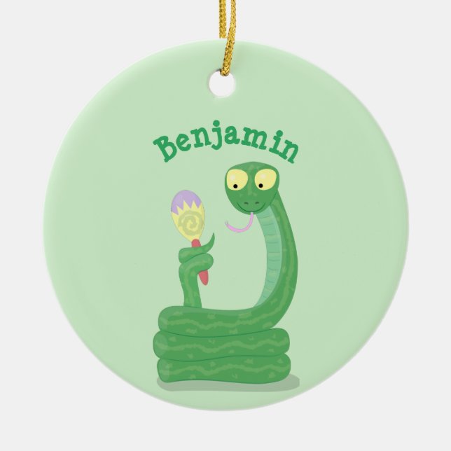 Funny green snake with maraca cartoon ceramic ornament (Front)
