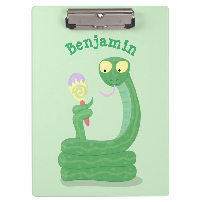 Funny green snake with maraca cartoon clipboard (Front)