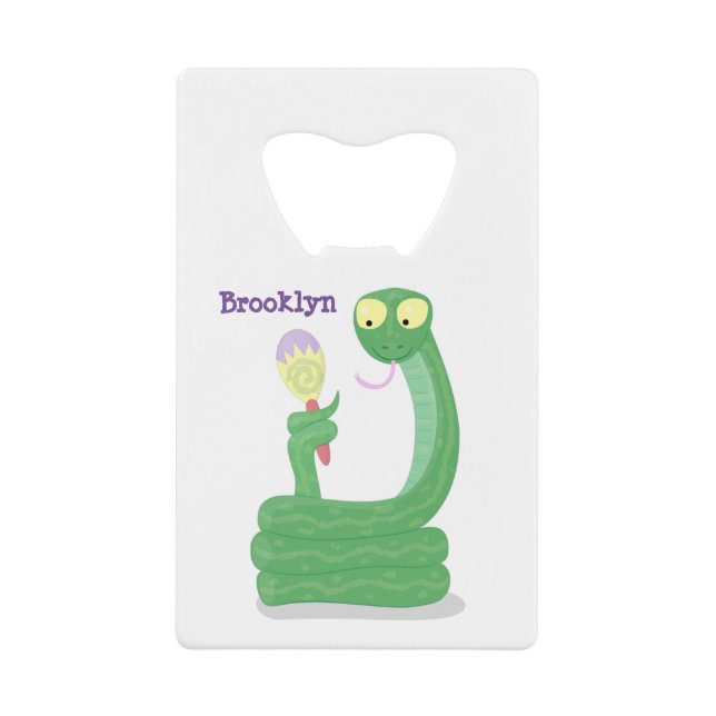 Funny green snake with maraca cartoon credit card bottle opener (Front)