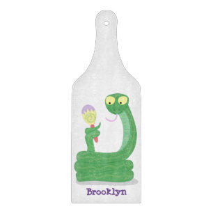 Funny green snake with maraca cartoon cutting board