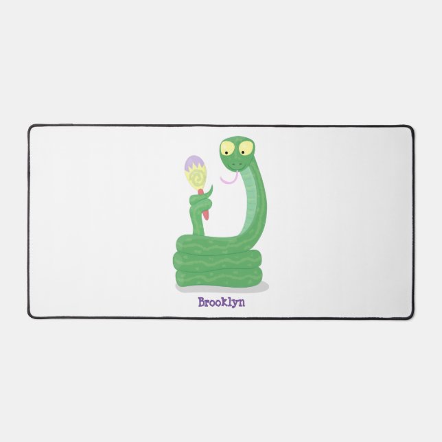 Funny green snake with maraca cartoon desk mat (Front)