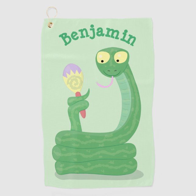 Funny green snake with maraca cartoon golf towel (Front)