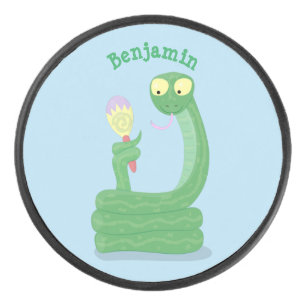 Funny green snake with maraca cartoon hockey puck