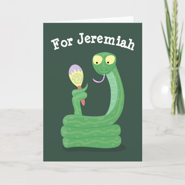 Funny green snake with maraca cartoon humor card (Front)