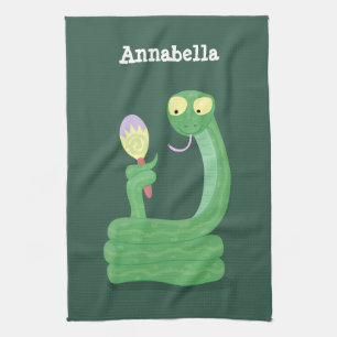 Funny green snake with maraca cartoon kitchen towel
