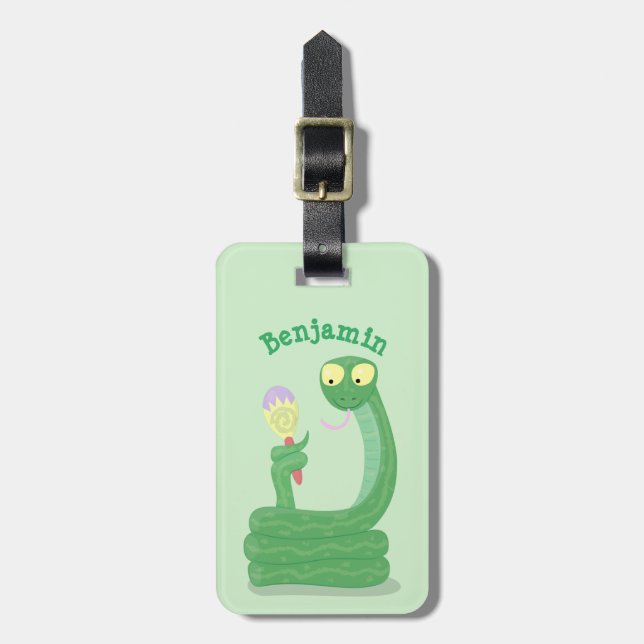 Funny green snake with maraca cartoon luggage tag (Front Vertical)