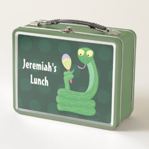 Funny green snake with maraca cartoon metal lunch box