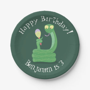 Funny green snake with maraca cartoon paper plate