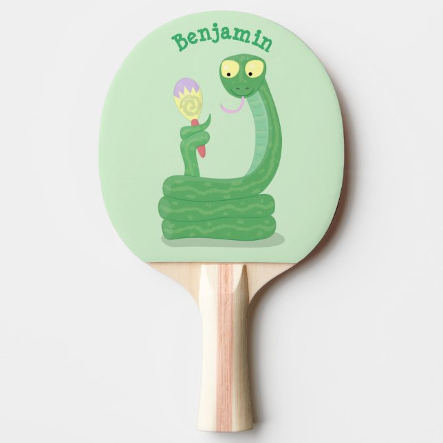 Funny green snake with maraca cartoon ping pong paddle (Front)
