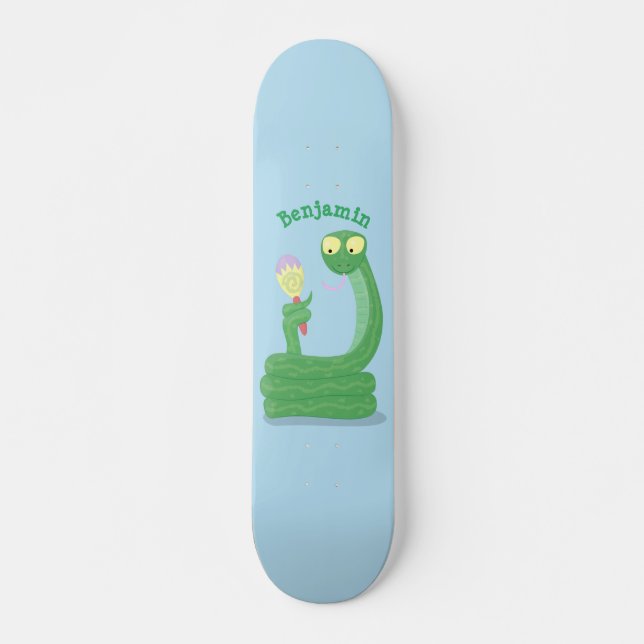 Funny green snake with maraca cartoon skateboard (Front)