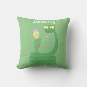 Funny green snake with maraca cartoon throw pillow
