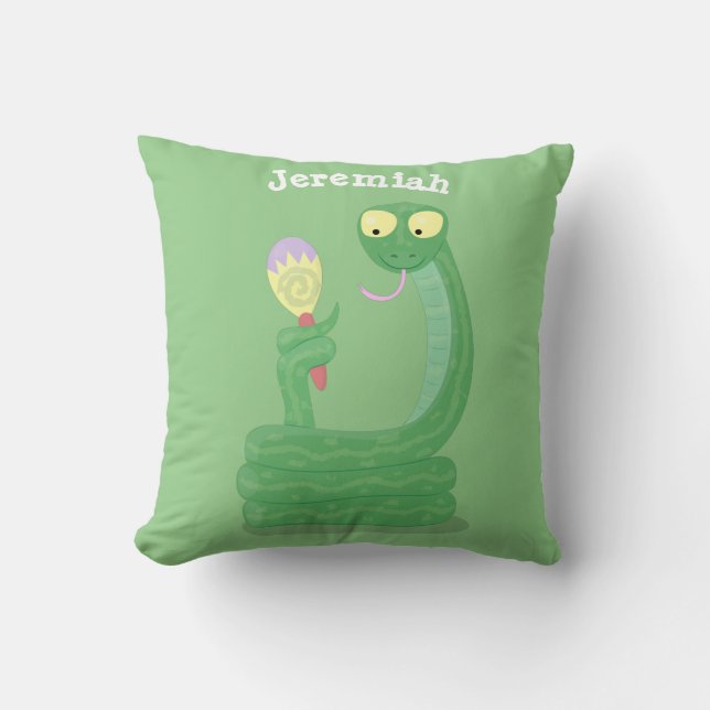 Funny green snake with maraca cartoon throw pillow (Front)