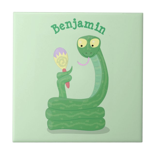 Funny green snake with maraca cartoon tile (Front)