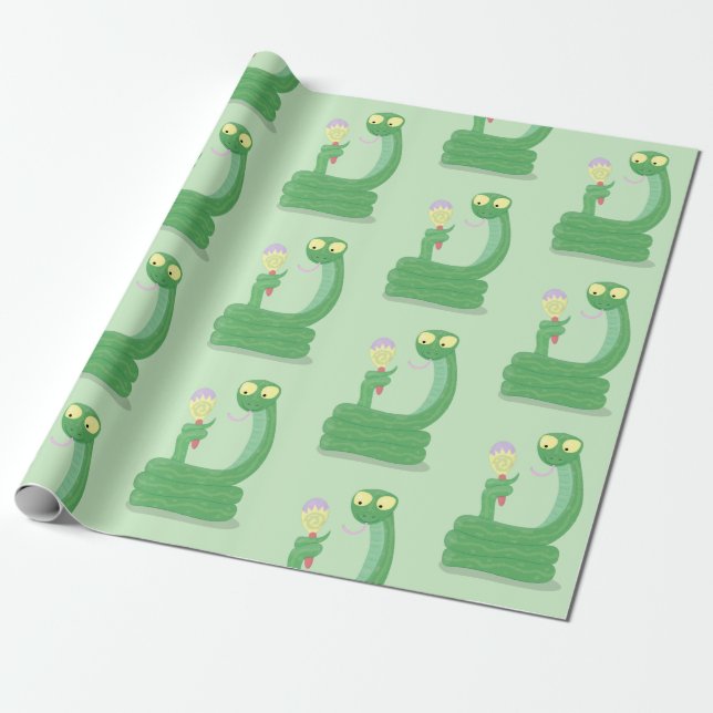 Funny green snake with maraca cartoon wrapping paper (Unrolled)