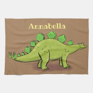 Funny green stegosaurus dinosaur cartoon kitchen towel