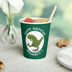 Funny green t rex dinosaur cartoon personalized paper cups