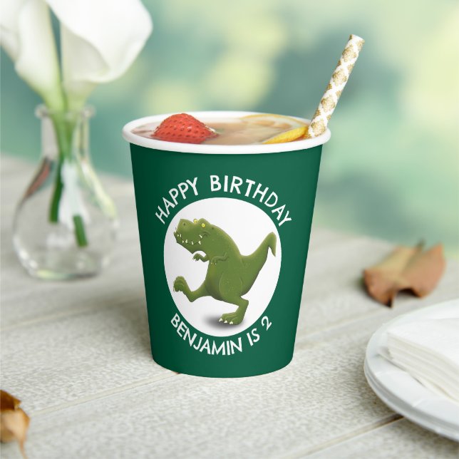 Funny green t rex dinosaur cartoon personalized paper cups (Insitu)