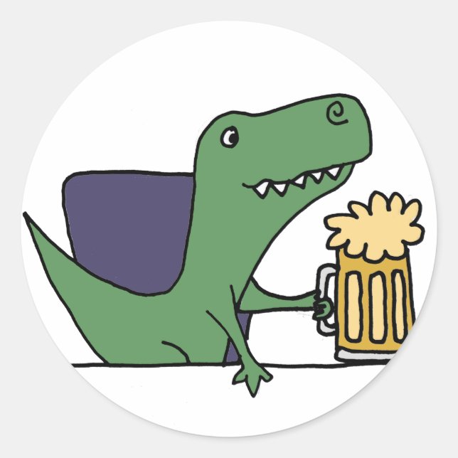 Funny Green T-Rex Dinosaur Drinking Beer Classic Round Sticker (Front)