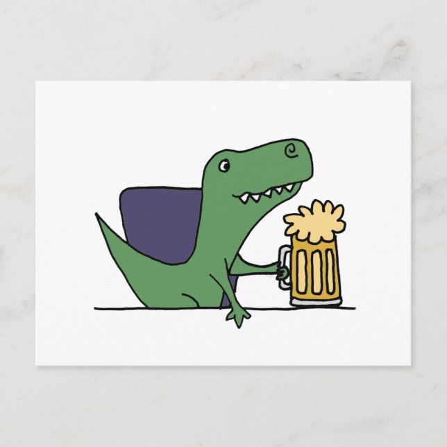 Funny Green T-Rex Dinosaur Drinking Beer Postcard (Front)