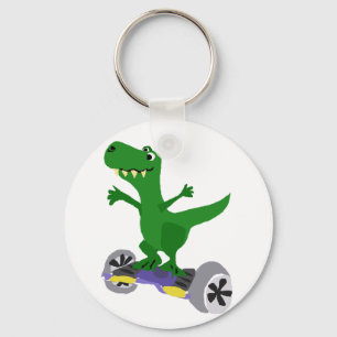 Funny Green T-Rex Dinosaur on Motorized Skateboard Keychain
