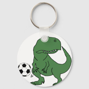 Funny Green T-rex Dinosaur Playing Soccer Keychain