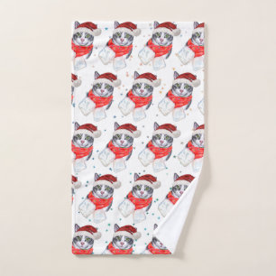 Funny Grey and White Tabby Cat Christmas Hand Towel