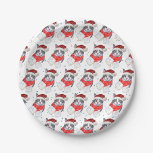 Funny Grey and White Tabby Cat Christmas Paper Plate