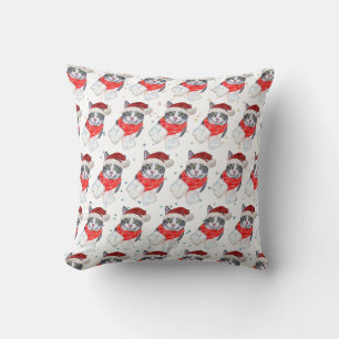 Funny Grey and White Tabby Cat Christmas Throw Pillow