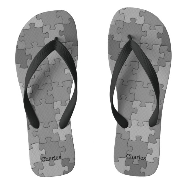 Funny Grey Black Puzzle Pattern Add Name or Text Flip Flops (Footbed)