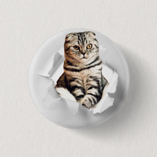 Funny Grey Cat Popping thru Torn Paper Illusion 1 Inch Round Button