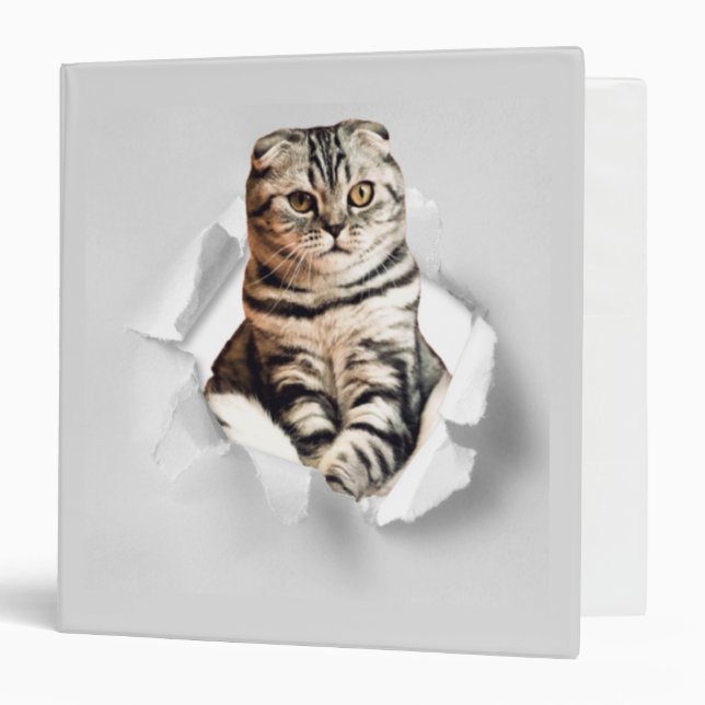 Funny Grey Cat Popping thru Torn Paper Illusion  Binder (Front/Inside)