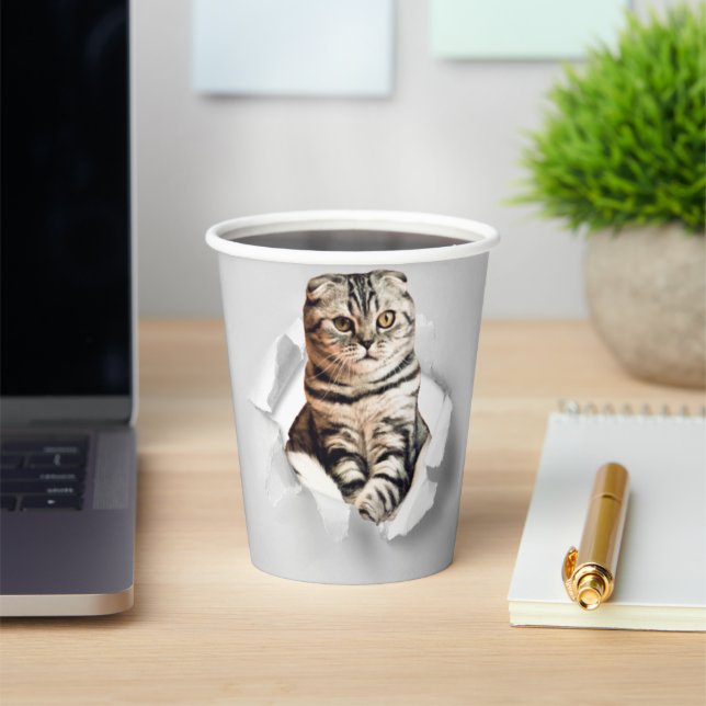 Funny Grey Cat Popping thru Torn Paper Illusion  Cups (Insitu)