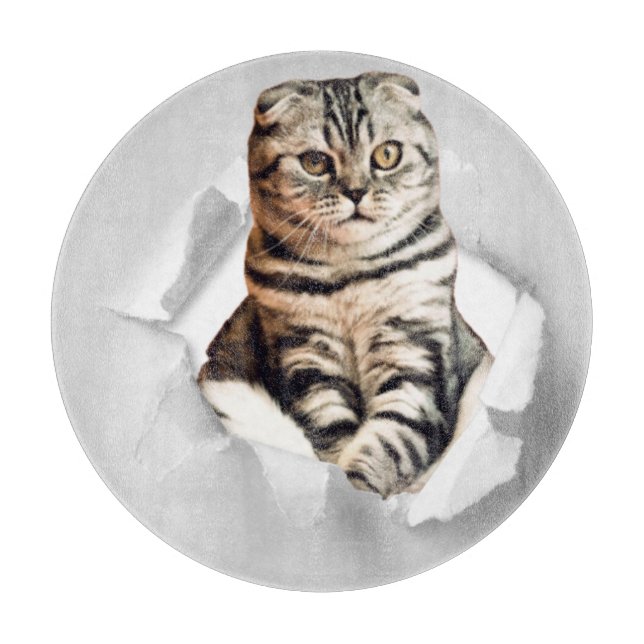 Funny Grey Cat Popping thru Torn Paper Illusion Cutting Board (Front)