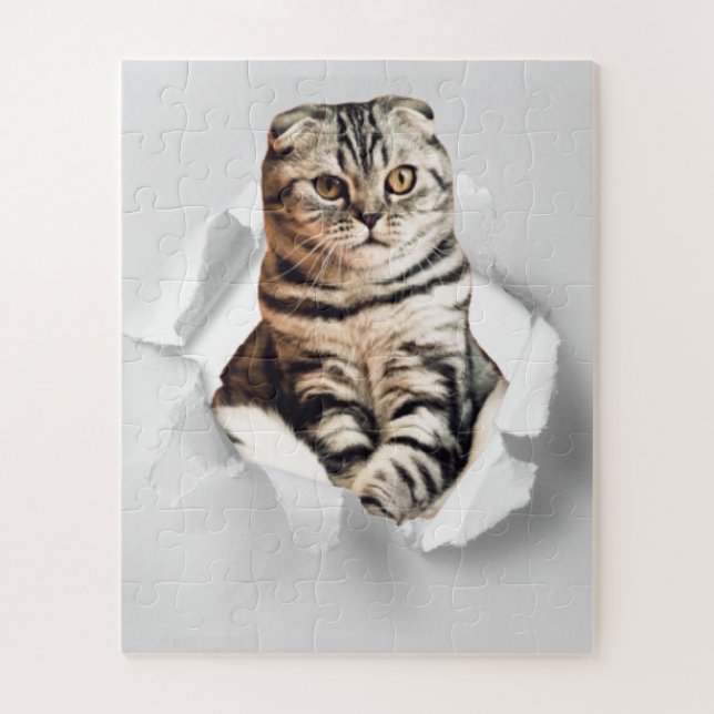Funny Grey Cat Popping thru Torn Paper Illusion  Jigsaw Puzzle (Vertical)