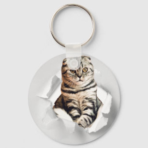 Funny Grey Cat Popping thru Torn Paper Illusion Keychain