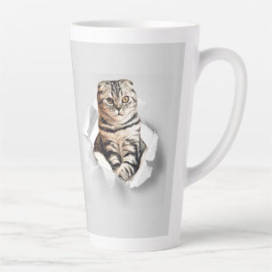 Funny Grey Cat Popping thru Torn Paper Illusion Latte Mug