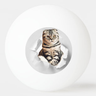 Funny Grey Cat Popping thru Torn Paper Illusion Ping Pong Ball