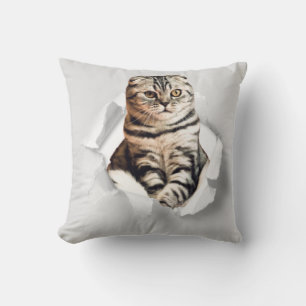 Funny Grey Cat Popping thru Torn Paper Illusion  Throw Pillow