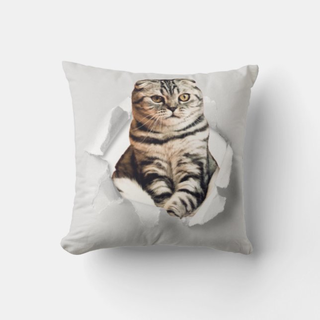 Funny Grey Cat Popping thru Torn Paper Illusion  Throw Pillow (Front)